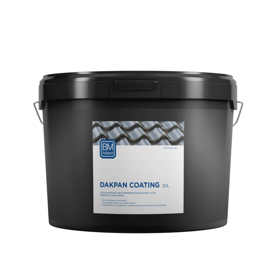 Een zwarte plastic emmer van 20 liter met het opschrift „BM Dakpan Coating“ en een afbeelding van een golfpatroon, bedoeld voor het coaten van dakpannen. De emmer is voorzien van een handvat en een afsluitbaar deksel.