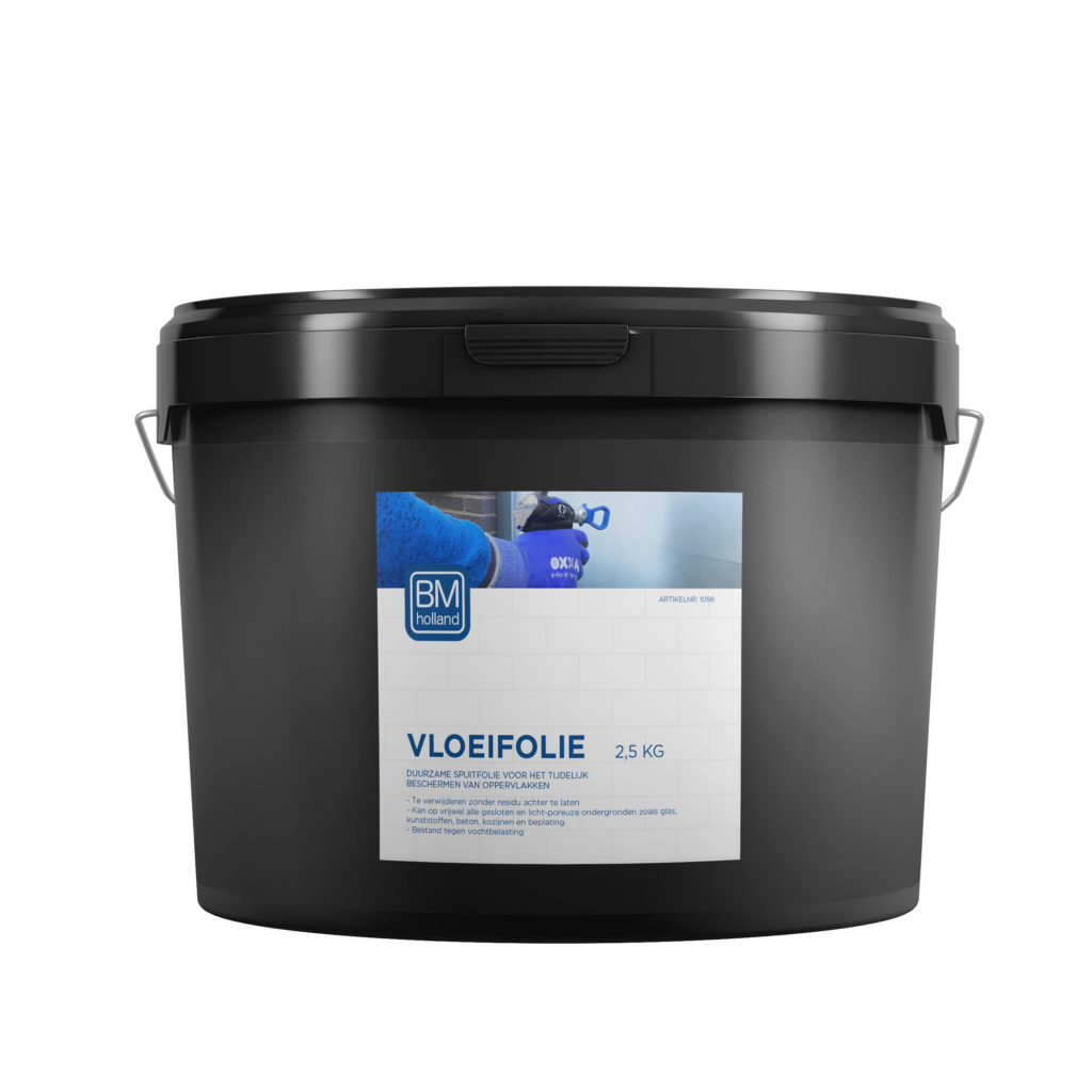Een zwarte plastic emmer met deksel en handvat, voorzien van het etiket „BM Vloeifolie 2,5 kg“ van BM Holland, bedoeld voor waterdichte coating.
