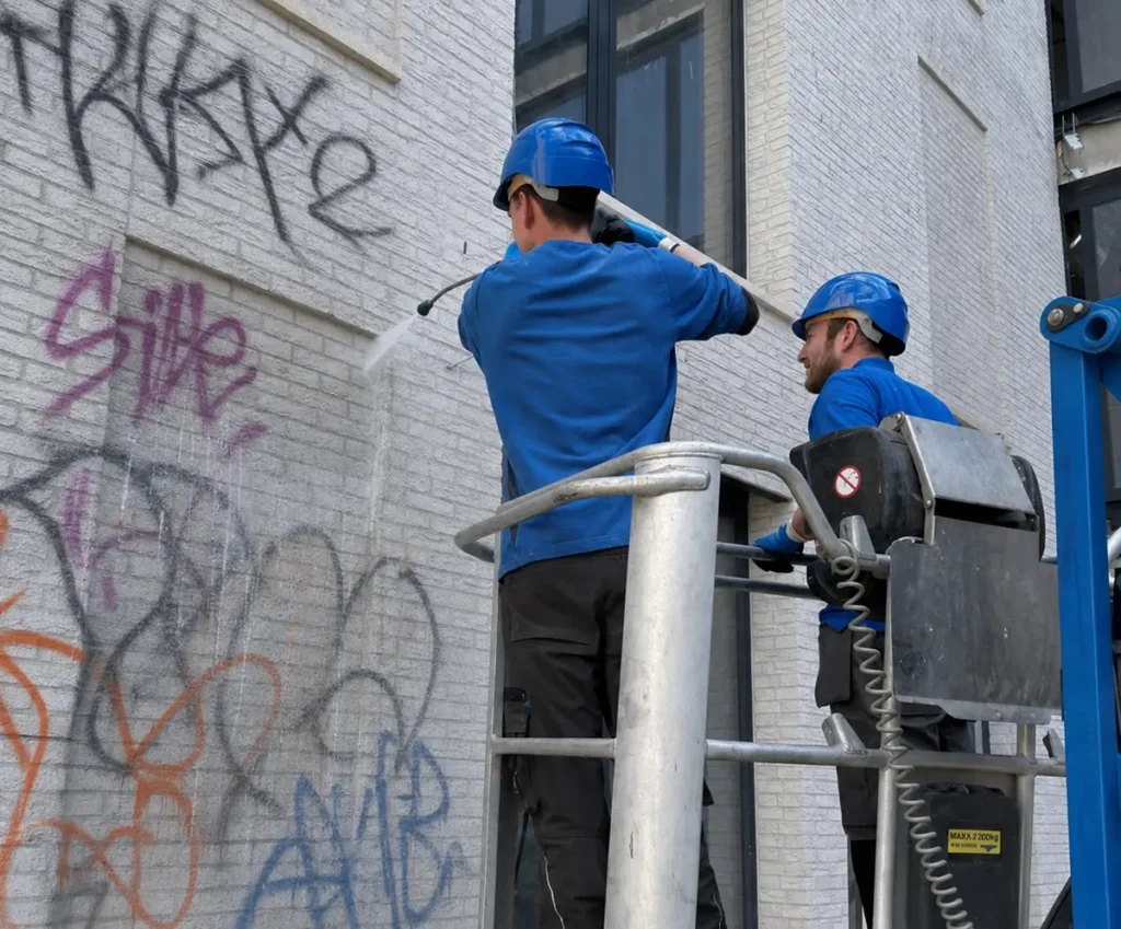Twee arbeiders met blauwe helmen en overhemden gebruiken gereedschap vanaf een hoogwerker om graffiti te verwijderen van een wit bakstenen gebouw dat bedekt is met kleurrijke spuitverf.