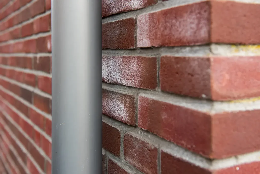 Close-up van een hoek van een rode bakstenen muur met witte uitbloeiingen. Aan de linkerkant van de foto is een verticale grijze metalen buis aan de muur bevestigd.
