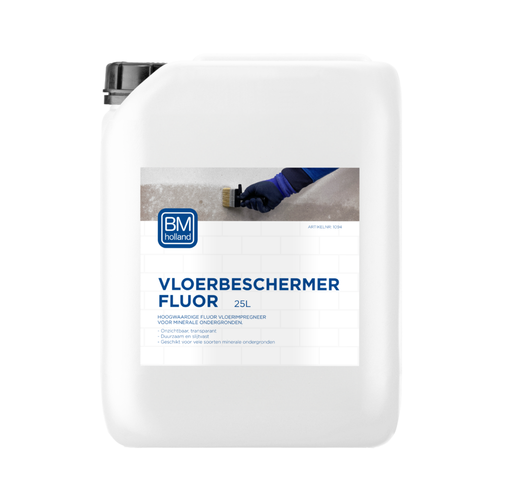 Een witte container van 25 liter met het opschrift „Vloerbeschermer Fluor” en een blauw-wit ontwerp. Op het etiket staat een afbeelding van een hand met een handschoen die met een kwast op een tegelvloer aan het werken is.