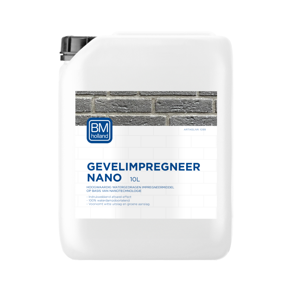 Een witte container van 10 liter met BM Gevelimpregneer Nano, voorzien van een zwarte dop en een etiket met afbeeldingen van bakstenen en productinformatie in het Nederlands.