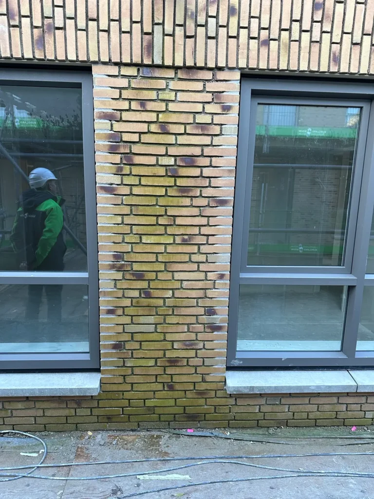 Een bakstenen muur met aan weerszijden twee grote ramen. In het linkerramen is een persoon te zien die een bouwhelm en een groene jas draagt. Op de grond liggen bouwmaterialen en kabels.