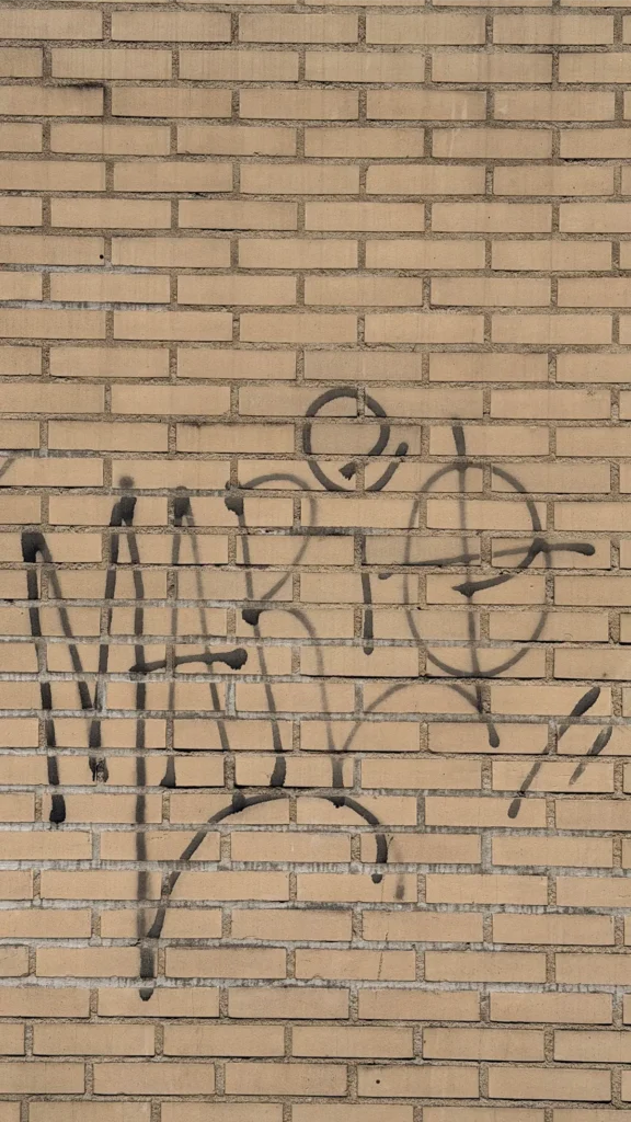 Graffiti die in het zwart op een beige bakstenen muur is gespoten, met het woord ‘Mario’ en daarboven en rondom de letters enkele cirkelvormige en abstracte figuren.